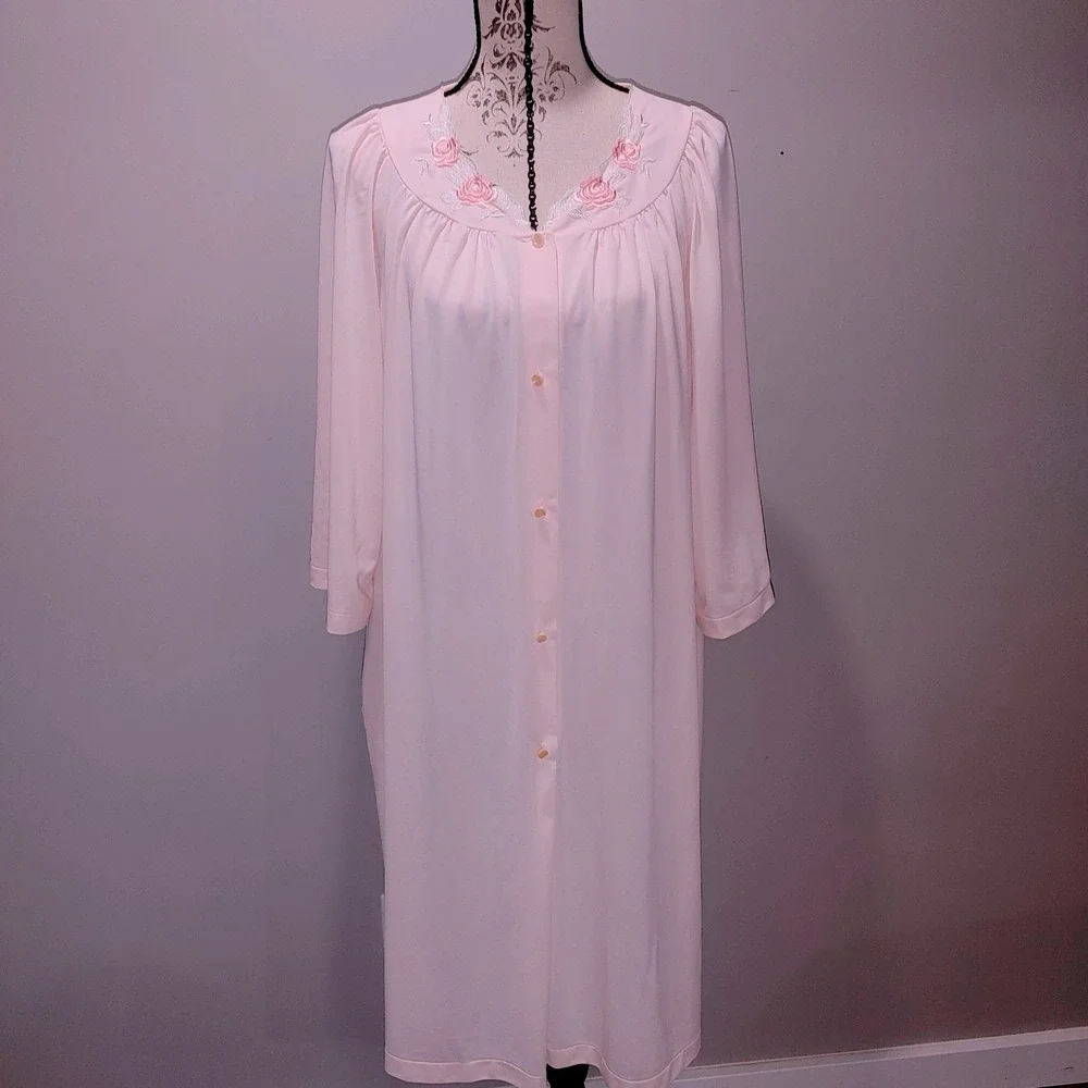 Romantic Vtg Shadowline Pink Floral Embroidered Nightgown Light Wedding 1X